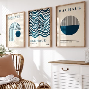 Set of 3 Blue Wall Art Prints, Modern Mid Century, Navy Blue Mid Century, Blue Geometric Wall Art, Minimalist Print, Blue Wall Print, Blue