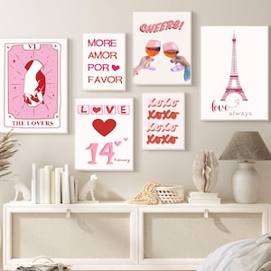 Valentines Day Wall Print Set Of 6, Valentine Party Decor, Trendy Retro Wall Art, Pink Red  Retro Wall Prints, More Amour Digital Download