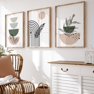 Set of 3 Boho Wall Prints, Sage Green Wall Prints, Mid century, Modern Botanical Boho Wall Decor, Beige Boho Wall Decor, Beige Wall Art