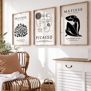 Black Gallery Wall Print Set Of 3, Henri Matisse Wall Art, Picasso Set Of 3 Prints, Neutral Wall Art, Beige, Picasso Poster, Boho Prints,