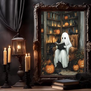 Cute Ghost in a Library Print, Spooky Decor Poster, Ghost Reading Book, Gothic Painting, Dak Academia, Hallowen Decor, Vintage Library Art