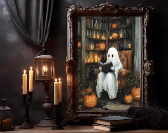 Impresión de un fantasma adorable en una biblioteca, póster de decoración espeluznante, un fantasma leyendo un libro, pintura gótica, Dak Academia, decoración de Halloween, arte vintage de biblioteca