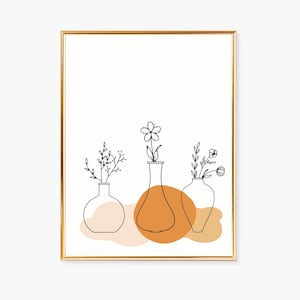 Impresión de pared botánica bohemia, póster de jarrón, impresión de flores dibujadas a mano, jarrón minimalista, decoración minimalista para sala de estar, impresión abstracta de jarrón de flores,