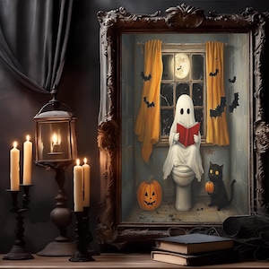 Duch na toalecie, Duch czytający książkę w łazience, Duch i czarny kot plakat, Halloween dekoracja sztuka, Halloween wydruki, gotycki wydruk