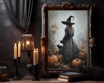 Stampa di strega e gatto, decorazione di Halloween di Dark Academia (download digitale) - Italia