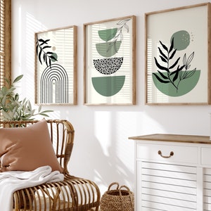 Mid Century Modern Wall Print Set Of 3, Sage Green Wall Art, Boho Printable Art, Green Wall Decor, Boho Art, Black, Green, Beige, Digital