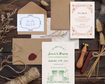 May include: Wedding invitation suite with a green and white design. The invitation card features a hand-drawn illustration of a wedding ceremony with a floral arch. The RSVP card has a purple "kindly RSVP" message. The details card has a floral border and the text "The Details" and "Accommodations".