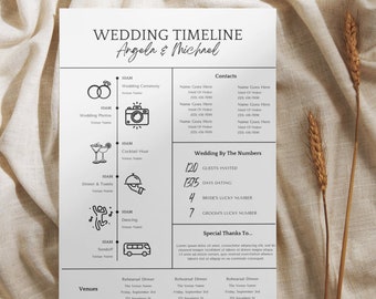 May include: A black and white wedding timeline printable with the names Angela & Michael. The timeline includes the wedding ceremony, photos, cocktail hour, dinner and toasts, dancing, and sendoff. The printable also includes a section for contacts, wedding by the numbers, and special thanks to. The bottom of the printable includes a section for venues with the rehearsal dinner information.