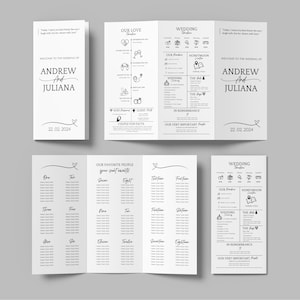 May include: A collection of white wedding stationery, including a trifold invitation, seating chart, and timeline cards. The design features black text and minimalist line art, with the names "Andrew and Juliana" prominently displayed. The date "22.02.2024" is also visible.