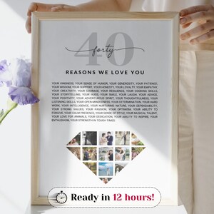 Może przedstawiać: Drukowany plakat na 40. urodziny z szarym diamentem wypełnionym zdjęciami. Plakat zawiera tekst "forty" i "REASONS WE LOVE YOU" wraz z listą 40 powodów. Plakat zawiera również tekst "Ready in 12 hours!" na dole.