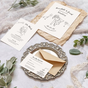 Whimsical Wedding Invitation Suite Handwritten, Unique Illustrated Wedding Invitation With RSVP, Funky Wedding Invite
