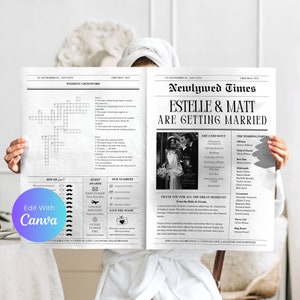 May include: A black and white newspaper style wedding announcement for Estelle and Matt. The announcement includes a photo of the couple, a wedding ceremony schedule, and a list of wedding party members. The text "Newlywed Times" is at the top of the announcement.
