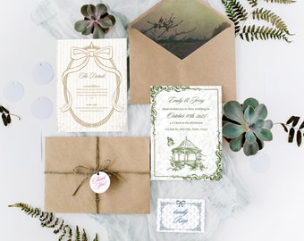 May include: A wedding invitation suite with a rustic theme. The invitation features a green and white design with a floral border and a sketch of a gazebo. The details card features a gold and white design with a bow and a frame.
