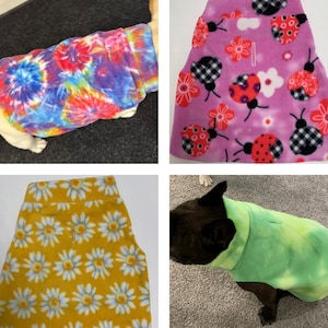 May include: Four dog shirts in various patterns. One is tie-dye, another has ladybugs on a pink background, a third has a daisy pattern on yellow, and the last is green tie-dye.