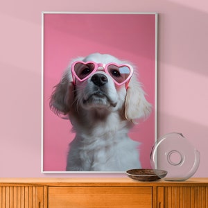 Nursery Puppy Decor, Retriever Puppy Print, Retriever with Pink Heart Glasses Print, Fun Kid&#39;s Room Decor, Eclectic Playroom Dog Poster