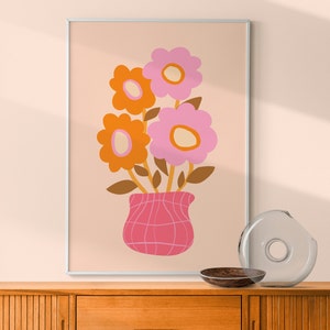 Retro Flowers Wall Art, Pink Orange Floral Poster, Funky Flower Bouquet, Maximalist Wall Art, 70s Style Poster, Abstract Botanical, DIGITAL