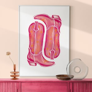 Pink & Preppy Cowgirl Boots Art Print, Girly Trendy Wall Art, Cowgirl Boots Coastal Dorm College Room, Cowgirl Boot Painting Teen Room Decor