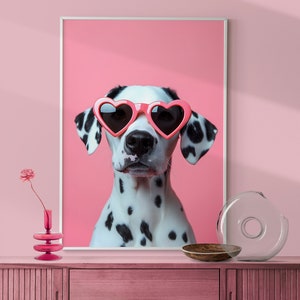 Dalmatian with Pink Heart Glasses Print, Fun Kid&#39;s Room Decor, Bold Color Eclectic Print, Playroom Poster Dog Print, Puppy Wall Art DIGITAL