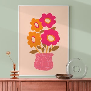 Abstract Botanical Print, Retro Flowers Wall Art, Pink Orange Floral Poster, Funky Flower Bouquet, Maximalist 70s Style Poster, DIGITAL