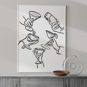 Cheers Glass Print, Black and White Retro Cocktail Poster, Wine Glasses Wall Art, Funky Bar Cart Art, Vintage Drinks Sketch, Bar Cart Decor