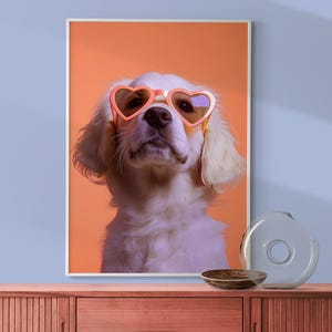 Retriever in Orange Heart Sunglasses Print, Nursery Puppy Decor, Retriever Puppy Print, Fun Kid&#39;s Room Decor, Eclectic Playroom Dog Poster