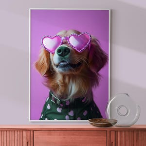 Golden Retriever Puppy Print, Retriever in Purple Pink Heart Sunglasses Poster, Nursery Puppy Decor, Fun Kid&#39;s Room Decor, Eclectic Dog Art