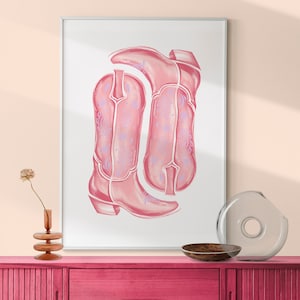 Pink & Preppy Cowgirl Boots Art Print, Girly Trendy Wall Art, Cowgirl Boots Coastal Dorm College Room, Cowgirl Boot Painting Teen Room Decor