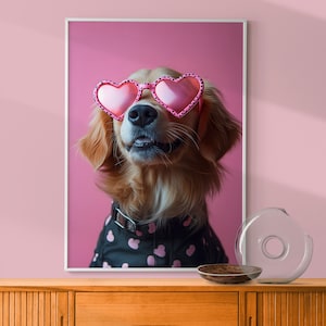 Nursery Puppy Decor, Golden Retriever Puppy Print, Retriever in Pink Heart Glasses Print, Fun Kid&#39;s Room Decor, Eclectic Playroom Dog Poster