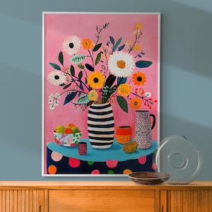 Retro Flowers Wall Art, Pink Orange Floral Poster, Funky Flower Bouquet, Maximalist Wall Art, 70s Style Poster, Abstract Botanical DIGITAL