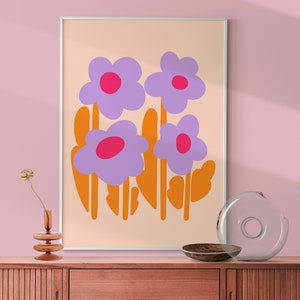 Arte de pared de flores retro, cartel floral naranja púrpura, ramo de flores funky, arte de pared maximalista, cartel de estilo de los años 70, DIGITAL botánico abstracto