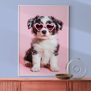 Australian Shepard Puppy Wearing Heart-shaped Sunglasses Print, Colourful Nursery Puppy Decor, Fun Kid&#39;s Room Decor, Eclectic Playroom Dog