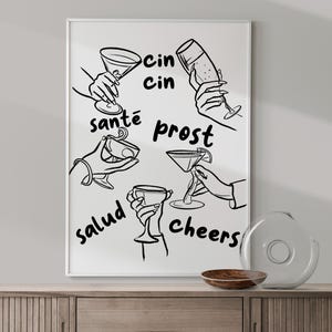 Cheers Glass Print, Black and White Retro Cocktail Poster, Wine Glasses Wall Art, Funky Bar Cart Art, Vintage Drinks Sketch, Bar Cart Decor