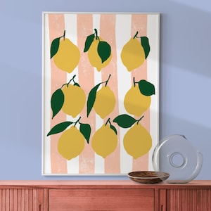 Trendy Colorful Lemon Print, Mediterranean Kitchen Wall Art, Vintage Food Art Print, Restaurant Eclectic Poster, Aesthetic Preppy Room Decor