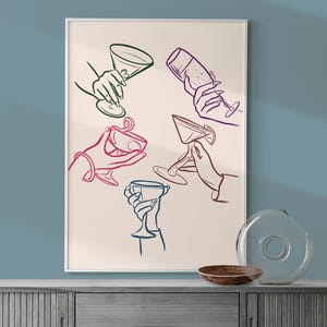 Cheers Glass Print, Colorful Retro Cocktail Poster, Wine Glasses Drink Wall Art, Funky Bar Cart Art, Vintage Drinks Sketch, Bar Cart Decor