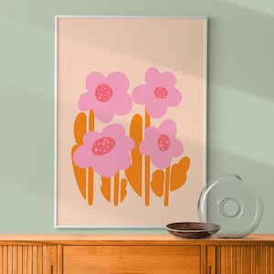 Scandinavian Flowers Wall Art, Colourful Abstract Flower Print, Orange Yellow Floral Art, Modern Botanical Plant Print, Living Room Decor