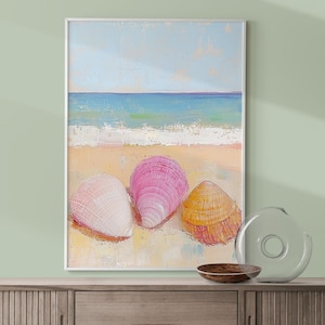 Pintura al óleo abstracta de conchas marinas, decoración de pared bohemia costera, impresión artística de cocina de casa de playa, póster de conchas marinas coloridas en la orilla, DIGITAL