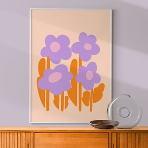 Arte mural con flores retro, póster floral morado y naranja, ramo de flores moderno, arte mural maximalista, póster estilo años 70, diseño botánico abstracto digital.