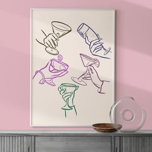 乾杯グラスプリント、カラフルなレトロカクテルポスター、ワイングラスドリンクウォールアート、ファンキーなバーカートアート、ヴィンテージドリンクスケッチ、バーカートの装飾
