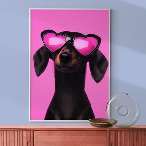 Dachshund in Pink Heart Sunglasses Poster, Black and Tan Dachshund Nursery Decor, Cute Pink Art, Wiener Dog Nursery Print, Baby Girl Nursery