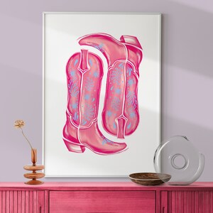 Pink & Preppy Cowgirl Boots Art Print, Girly Trendy Wall Art, Cowgirl Boots Coastal Dorm College Room, Cowgirl Boot Painting Teen Room Decor