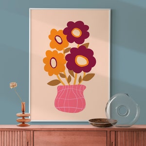 Abstract Botanical Print, Retro Flowers Wall Art, Pink Orange Floral Poster, Funky Flower Bouquet, Maximalist 70s Style Poster, DIGITAL