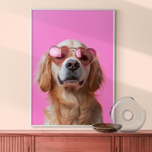 Golden Retriever Puppy Print, Retriever in Pink Heart Sunglasses Poster, Nursery Puppy Decor, Pink Fun Kid&#39;s Room Decor, Eclectic Dog Art