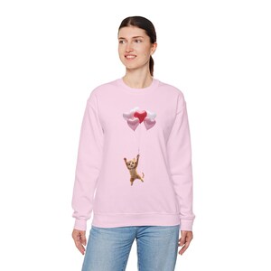 Crewneck Sweatshirt with Orange Kitten and Heart Balloons Design