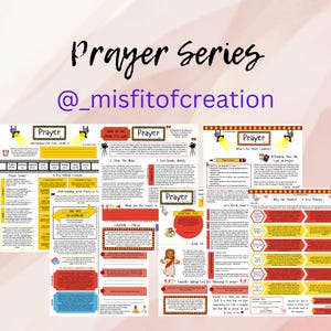 May include: A printable prayer series with a movie ticket theme. The series includes topics such as "How do we know it's God?", "What's our heart condition?", "Reframing how we look at prayer", and "Why our hearts?" The series is available on the Instagram account @_misfitofcreation.