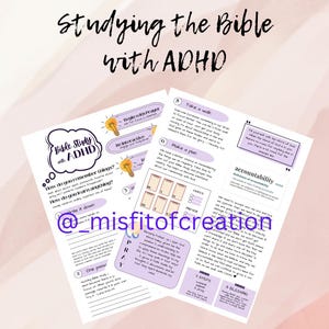 Könnte beinhalten: Ein druckbares Arbeitsblatt mit Tipps zum Bibellesen mit ADHS. Das Arbeitsblatt enthält Abschnitte über Gebet, Rechenschaftspflicht und die Erstellung eines Plans. Das Arbeitsblatt ist mit hellvioletten und rosafarbenen Akzenten und Glühbirnenillustrationen verziert.