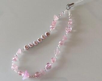 Personalised pink phone charm | iridescent pearly olivia rodrigo beaded phone strap lana del rey coquette bts chapelle roan brat charli xcx