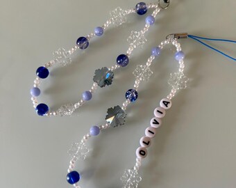 Blue phone charm | snowflake coquette bow white pearl winter phone strap beaded girlfriend christmas gift accessories autumn fall xmas