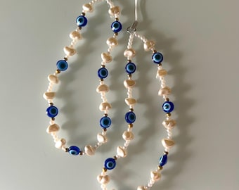 Evil eye pearl phone charm | bow white pearl winter handmade phone strap beaded girlfriend christmas gift accessories autumn fall xmas blue