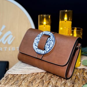 Talavera Brown Elemental Handbag Wallet Clutch | Talavera Azul | Blue Pottery | Mexican artisan jewelry | Joyeria Mexicana | Womens gift