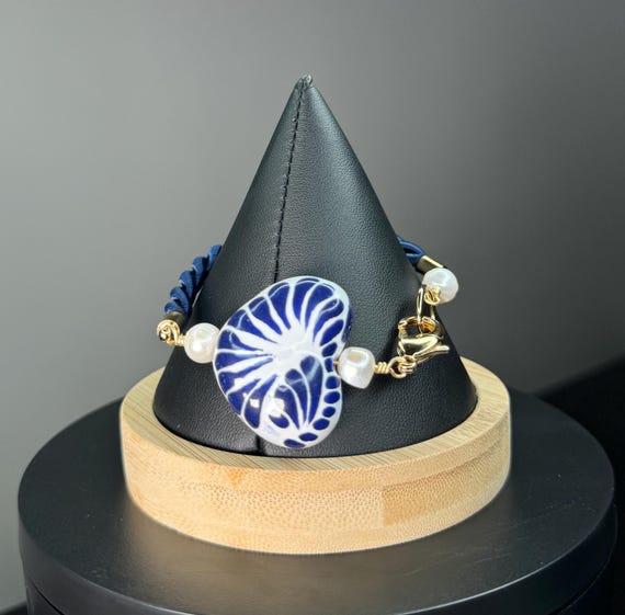 Cord Pearl Talavera Azul Heart Bracelet | Handmade Jewelry | Artisan Mexican Jewelry | Joyeria Artesanal